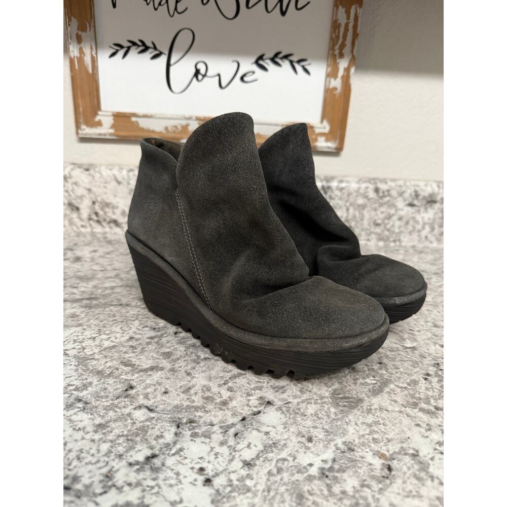 Fly London Women's Charcoal Gray Suede Wedge Booties